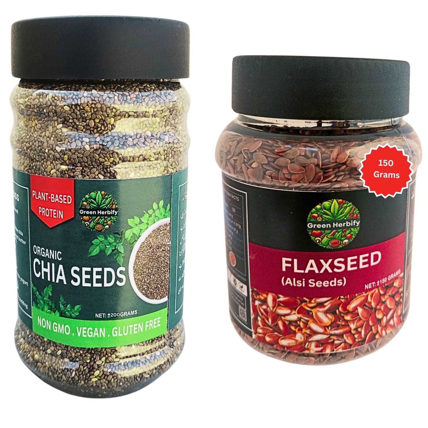 Chia Seeds & Flaxseeds Value Pack | Flex Seeds 150g | Chia Seeds For Weight Loss 200g Herbal Product Green Herbify 