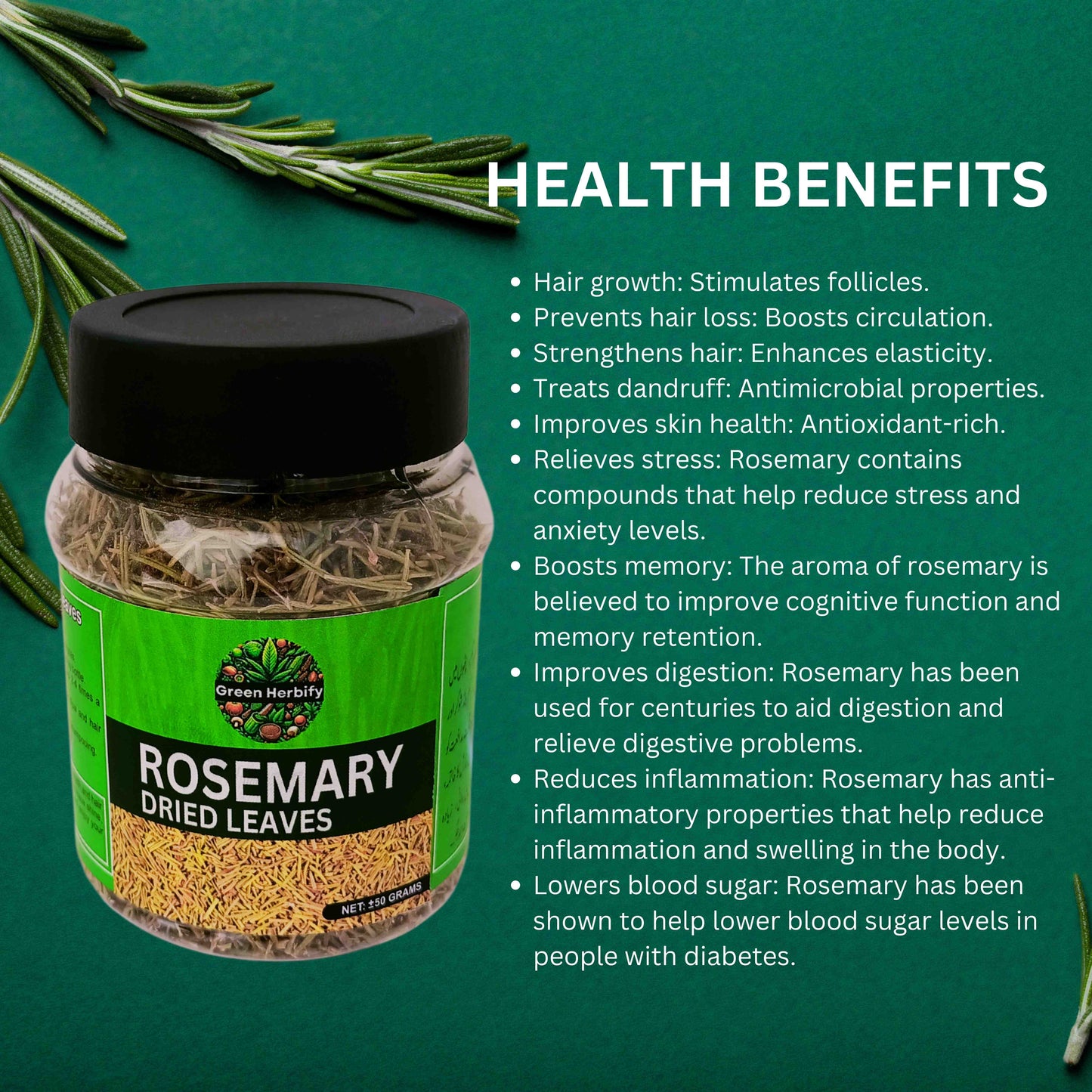 Rosemary Leaves 50g | Rosemary Leaves For Hair Growth & Skin Herbal Product Green Herbify 