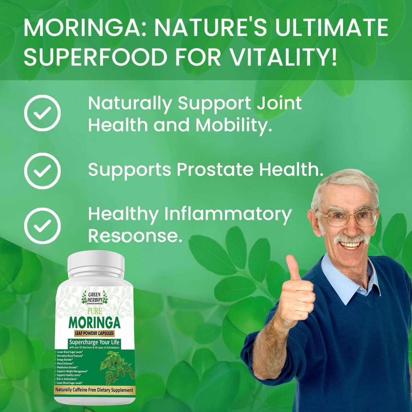 Moringa Capsules (90) | 100% Pure Moringa Powder Supplement | Skin Health, Weight loss, Non-GMO, Gluten Free, Superfood Antioxidant & Immune Support Herbal Product Green Herbify 