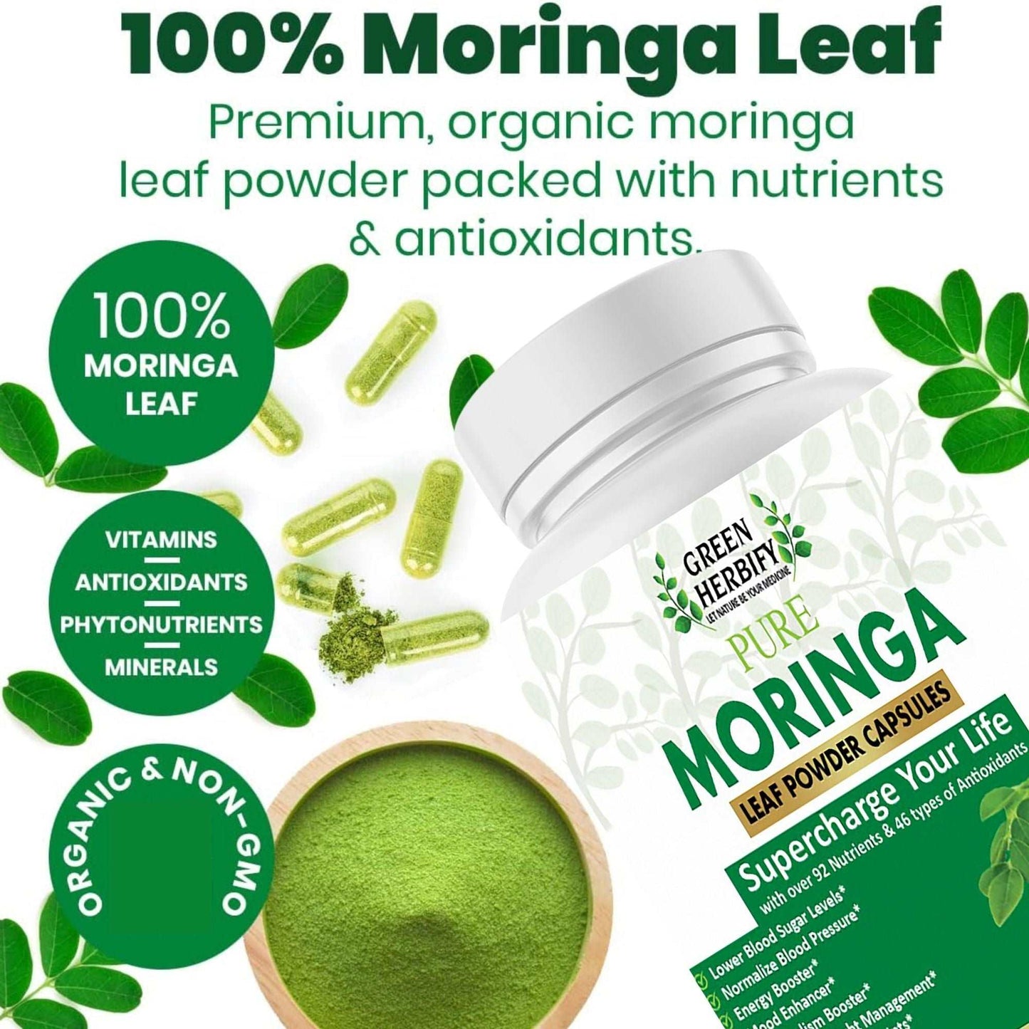 Moringa Capsules (90) | 100% Pure Moringa Powder Supplement | Skin Health, Weight loss, Non-GMO, Gluten Free, Superfood Antioxidant & Immune Support Herbal Product Green Herbify 