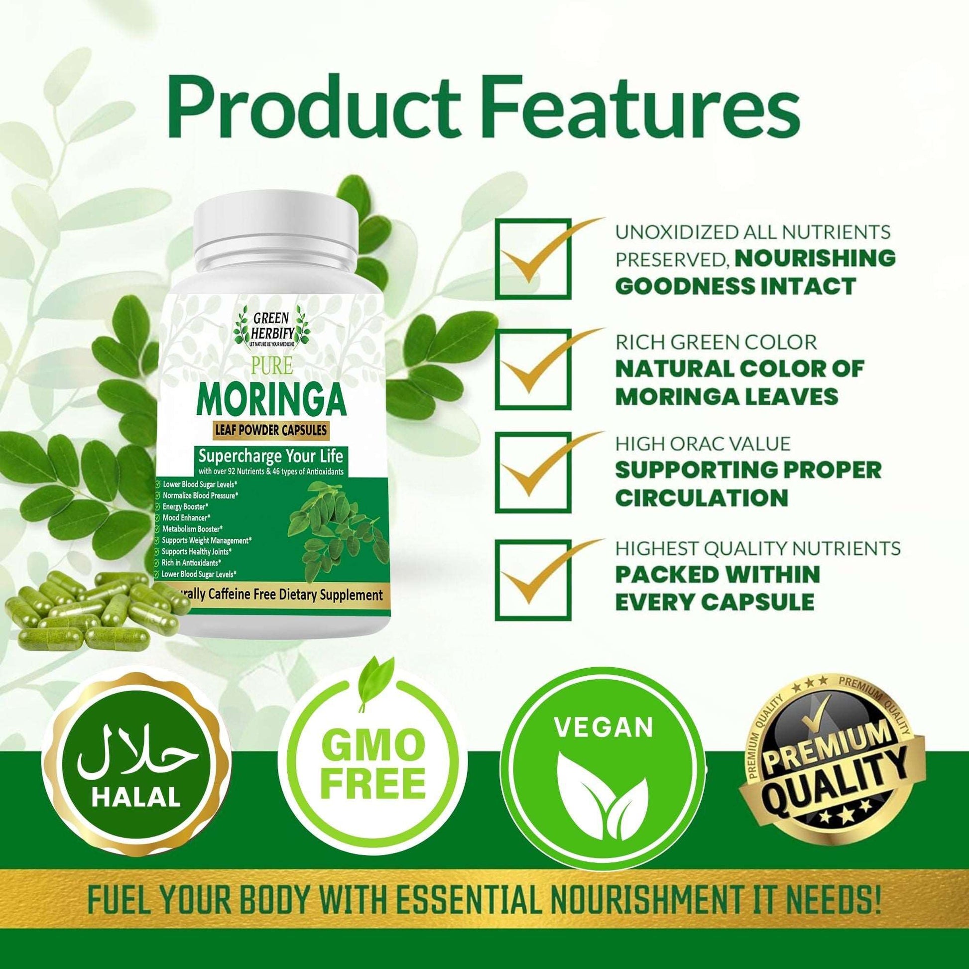 Moringa Capsules (90) | 100% Pure Moringa Powder Supplement | Skin Health, Weight loss, Non-GMO, Gluten Free, Superfood Antioxidant & Immune Support Herbal Product Green Herbify 